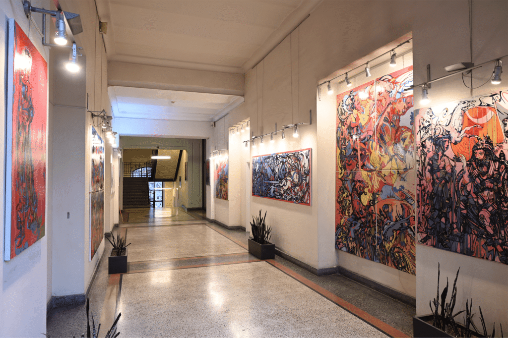 Sergo Tbilelis Artwork on Topic of Knight In the Pantherskin , a part of his new project "Anabechdi" , Sergo Tbileli Exhibition for project “Anabechdi” preview of the series of monumental artworks   “The Knight in the Panther’s Skin”" Sergo Tbileli | Anabechdi | Limited Silk Printing Series | Inspired by Grand Georgian Poem Knight in the Panthers Skin | Exhibited at  Art Gallery Line | Created in 2021 | Available for Sale | Acryl on Canvas, Mix medium | Art Gallery Line | Tbilis, Georgia & New York |