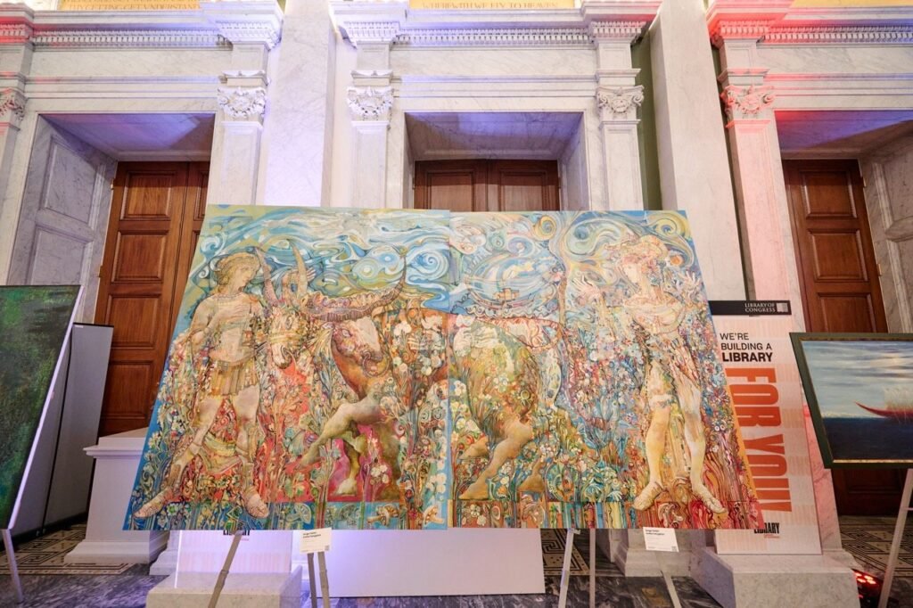 Painting: Kolha Tetryptich by Sergo Tbileli at The Library of Congress - Rooted in Culture, Size:175x201 cm , Medium:Mix.Medium, Canvas Art Gallery Line - Contemporary Georgian Art