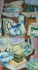 Oil painting “The Blue Still Life” by Maia Ramishvili, 2025, featuring a blue-toned still life arrangement in elongated format.