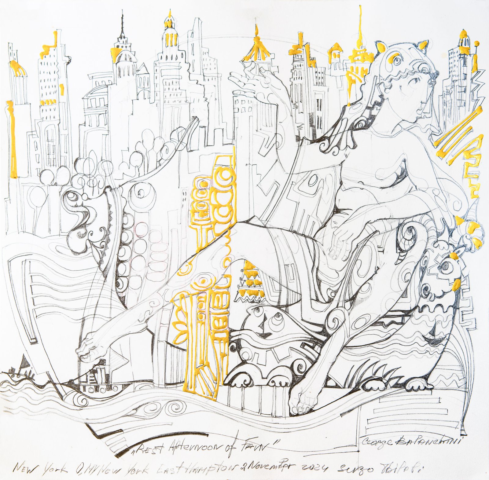 Afternoon Rest of the Faun — Sergo Tbileli — 2025 — Acrylic, Paper, Pencil