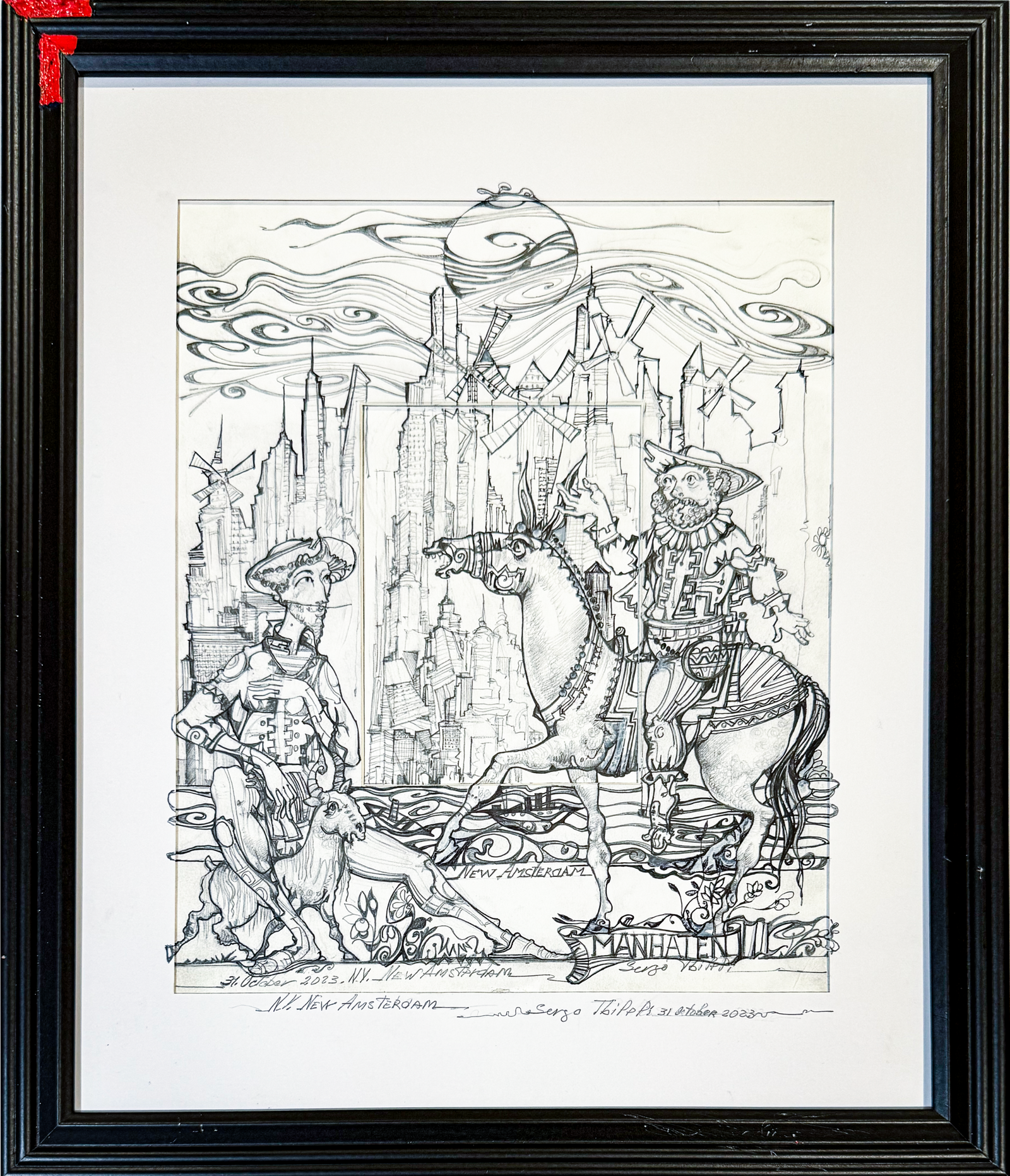 Don Quixote in New York — Sergo Tbileli — Pencil on paper — 44.4 × 34.3 cm — 2023 — Unique work — Presented by Art Gallery Line