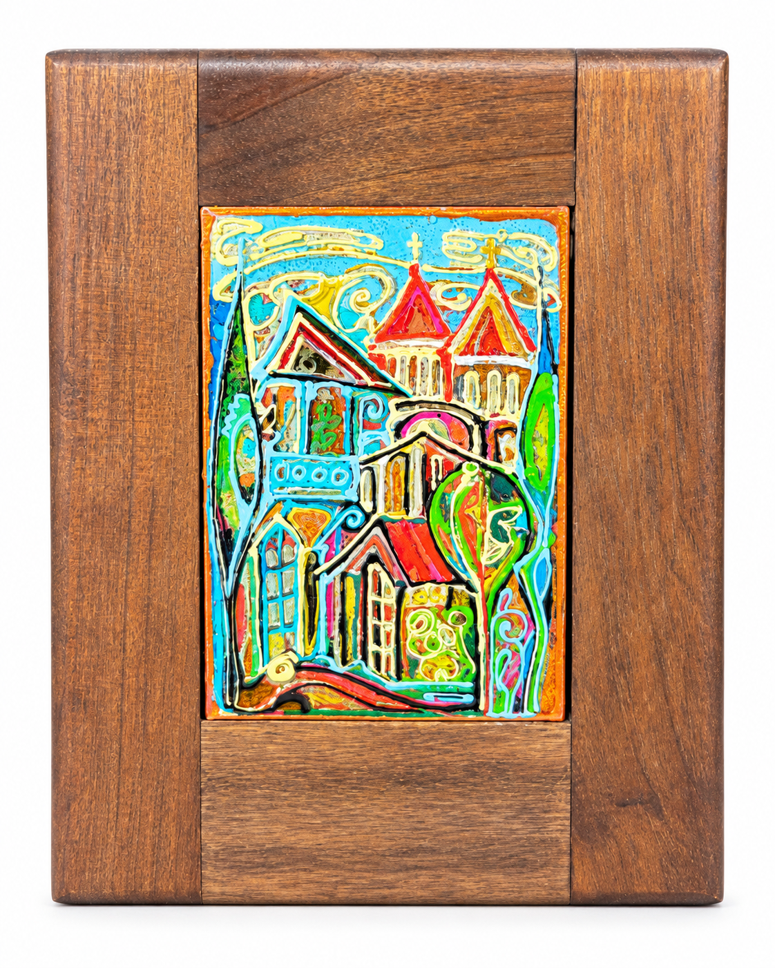 Tbilisi, O My Tbilisi — Sergo Tbileli — Enamel and mixed media on wood — 17 × 12.5 cm — 2020 — Unique work — Presented by Art Gallery Line