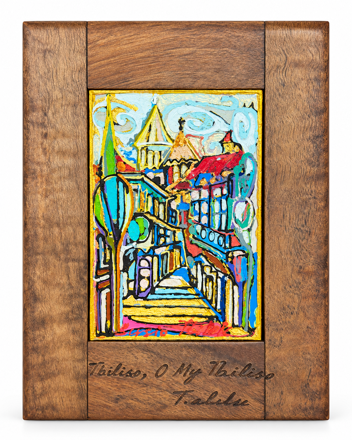 Tbilisi, O My Tbilisi — Sergo Tbileli — Enamel and mixed media on wood — 17 × 13 cm — 2020 — Unique work — Presented by Art Gallery Line